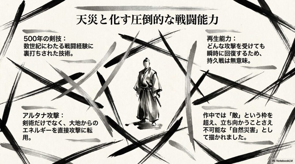 500年の戦闘経験、再生能力、アルタナ攻撃など、虚が自然災害のように圧倒的な強さを持つ理由を解説するスライド。