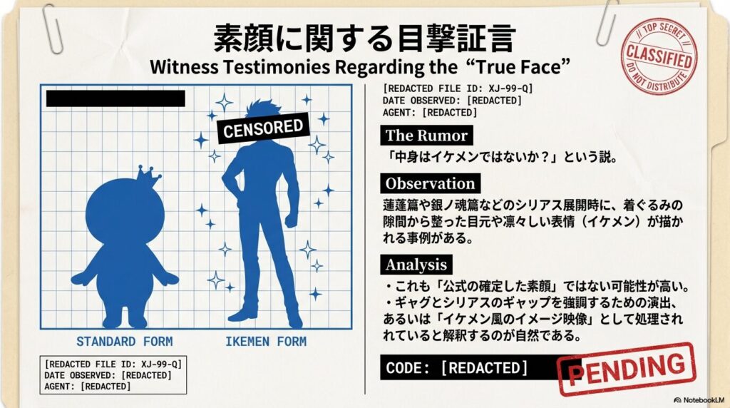 エリザベスのレントゲン写真のイメージ。内部に人間の男性の骨格が確認されており、アニメ監督などの「中の人」ネタを示唆するギャグ設定の解説。