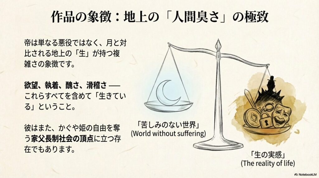帝が欲望や醜さ、家父長制社会の頂点といった、地上の「人間臭さ」を象徴する存在であることを解説する図。