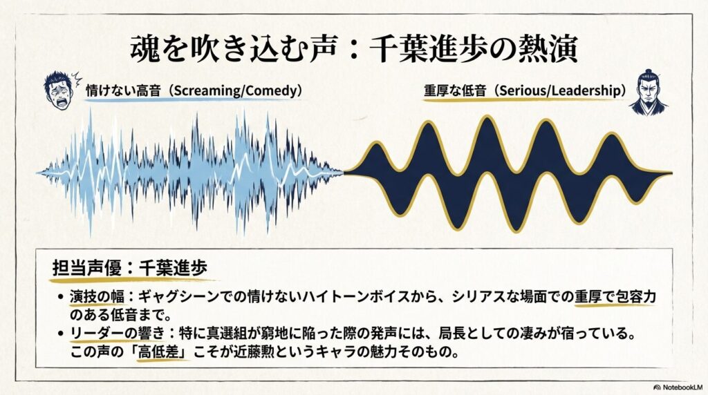担当声優の千葉進歩が演じる、ギャグシーンの情けない高音と、シリアスシーンの重厚な低音の使い分けを説明したスライド。