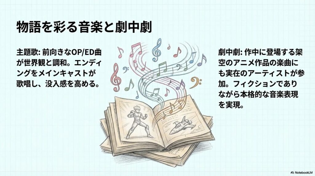 開かれた本（劇中劇）から音符が飛び出しているイラストと、主題歌や劇中劇の本格的な音楽表現についての解説