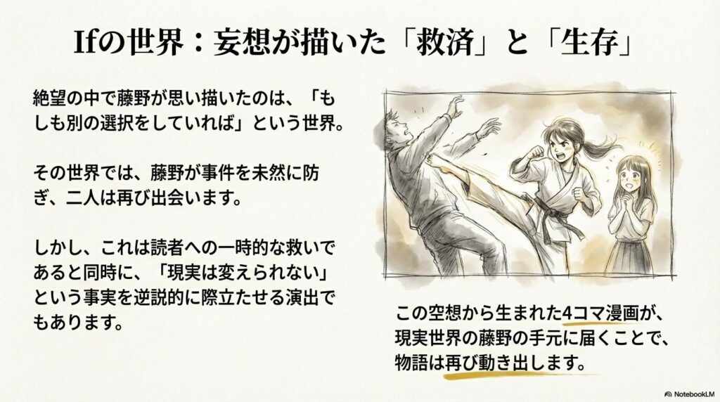 もしも別の選択をしていたらという世界で、藤野が不審者を蹴りで倒し、京本を助ける場面を描いた漫画風のイラスト。
