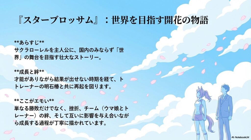 『ウマ娘 スターブロッサム』の解説。サクラローレルを主人公に世界を目指す壮大な物語であること、トレーナーの明石椿との絆や挫折からの成長が丁寧に描かれているというエモいポイントの紹介。