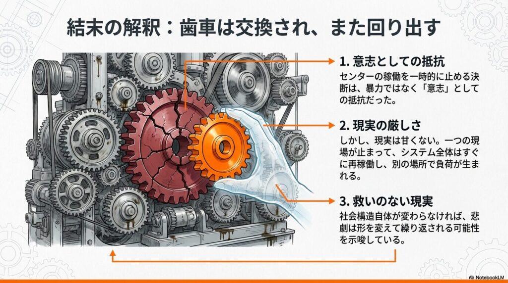 壊れた大きな歯車の代わりに新しい歯車が組み込まれるイラスト。システムの再稼働と、社会構造が変わらない限り繰り返される悲劇の示唆。