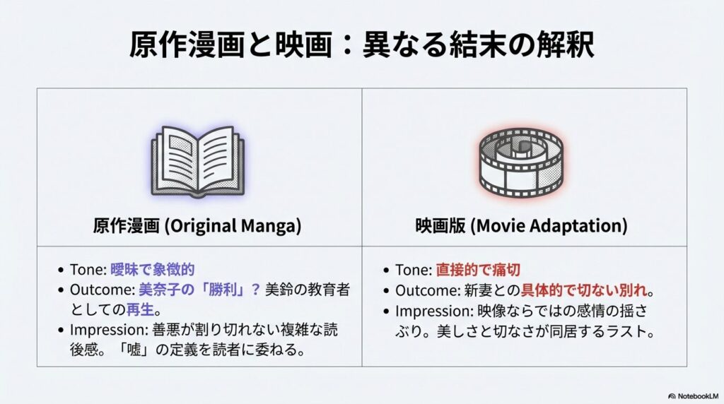 本とフィルムのアイコン。原作の「曖昧で象徴的なトーン」と映画版の「直接的で痛切なトーン」、それぞれの結末の違いや読後感・鑑賞後感の差をまとめた比較表 。
