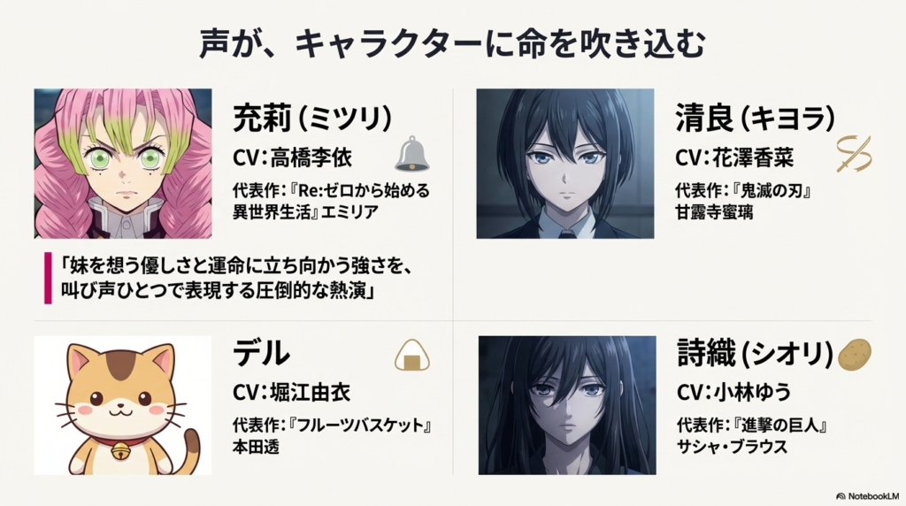 主人公・充莉（CV：高橋李依）の叫ぶような表情、ライバルの清良、マスコットのデル、詩織のカット。各声優の代表作リスト。