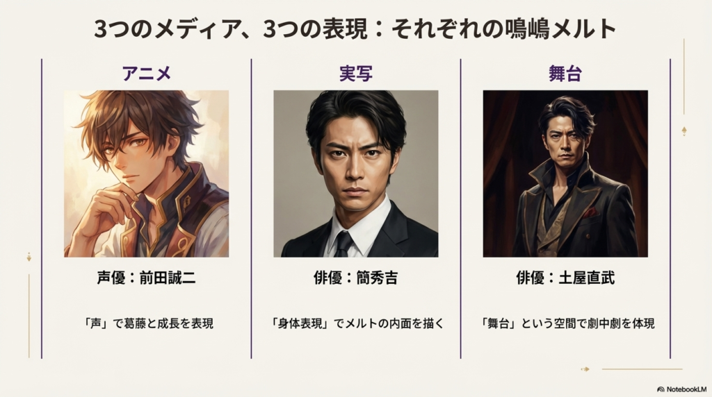 アニメ版(前田誠二)、実写版(簡秀吉)、舞台版(土屋直武)のキャストと、それぞれの表現方法の違いをまとめた比較表