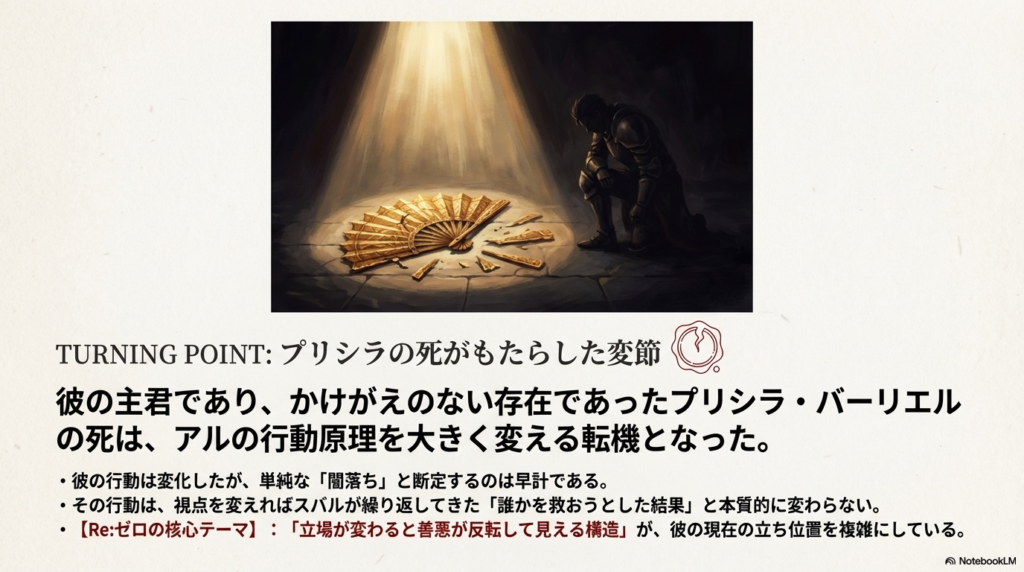 プリシラの死をきっかけに変化したアルの立ち位置。誰かを救おうとした結果というスバルとの共通点。
