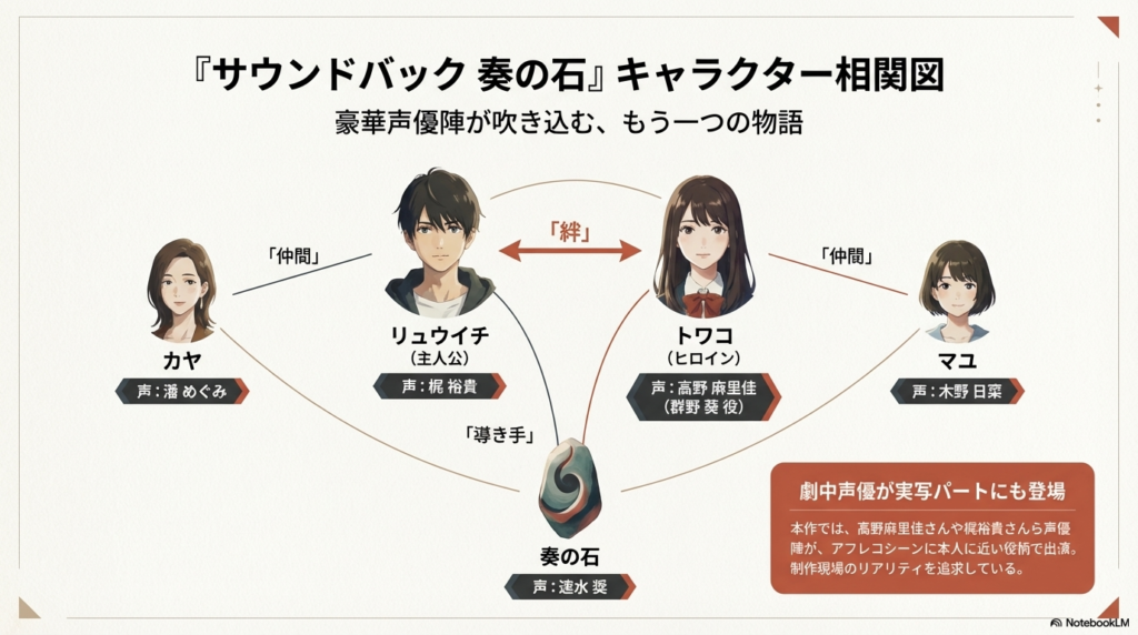 劇中アニメ『サバク』のキャラクター相関図と、梶裕貴さんや高野麻里佳さんら豪華声優陣が実写パートにも登場することを説明したスライド。