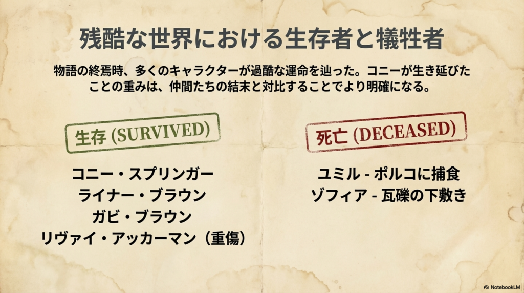 生存者（コニー、ライナー、ガビ、リヴァイ）と犠牲者（ユミル、ゾフィア）を分けたリスト。過酷な運命の対比