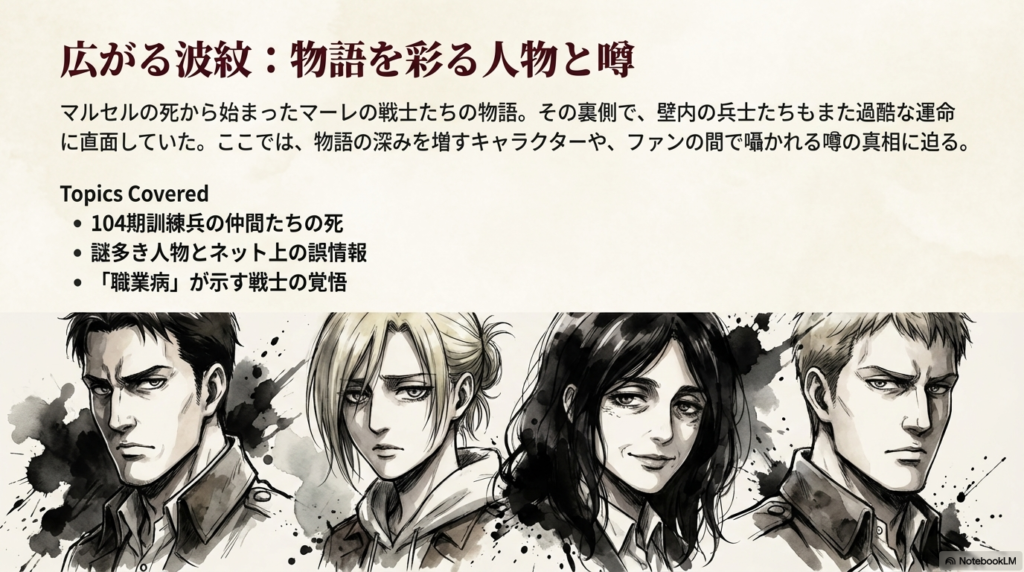 ベルトルト、アニ、ユミル、ライナーのイラストと共に、104期生の死やネット上の誤情報など、これからのトピックを紹介するスライド。