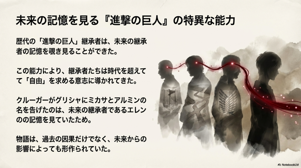 歴代の継承者が未来の記憶を通じて繋がり、自由を求める意志が導かれる様子を説明するスライド。