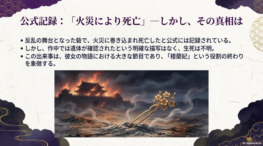 燃える砦の背景と、公式記録での死亡と真相の生死不明についての解説