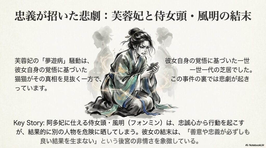 泣き崩れる女性（風明）のイラスト。芙蓉妃の狂言と、侍女頭・風明の忠誠心が招いた非情な結末の解説。