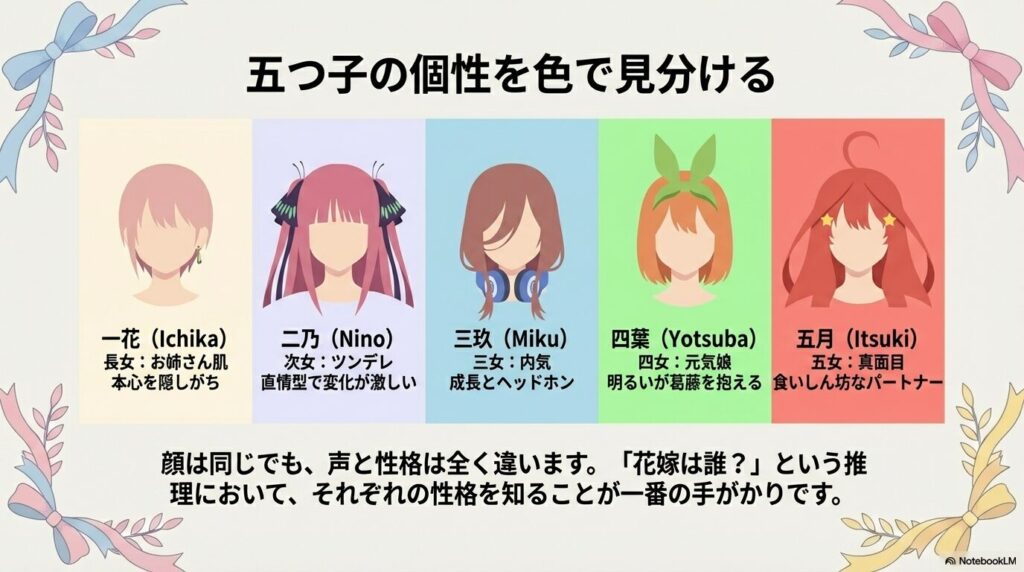 五つ子（一花、二乃、三玖、四葉、五月）の性格と特徴を色で見分けるポイントの紹介。