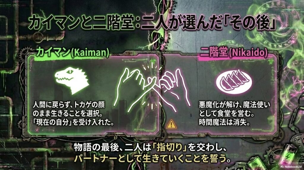 トカゲの顔のまま生きることを選んだカイマンと、食堂を営む二階堂がパートナーとして生きていくことを誓う解説