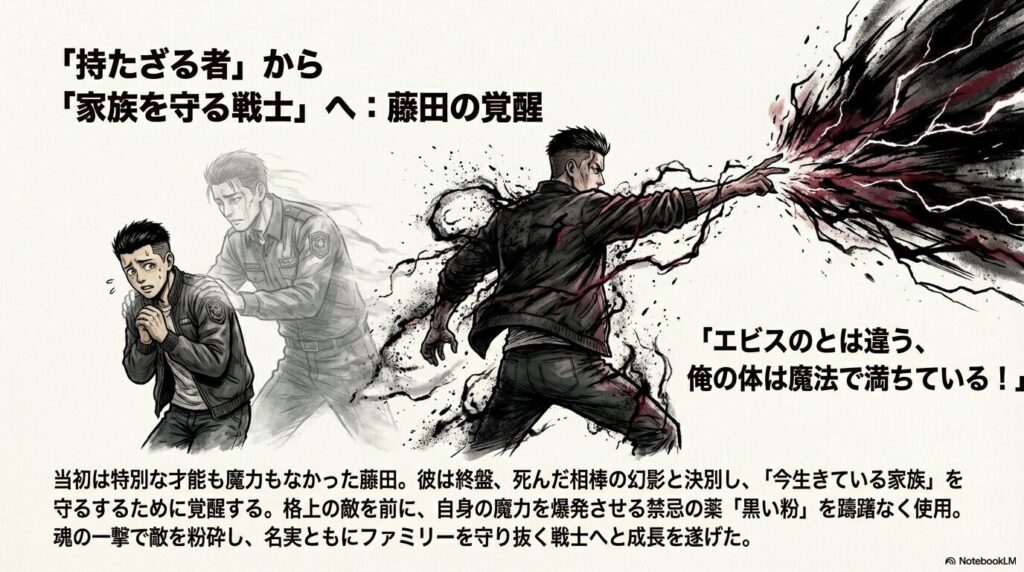 仲間の名前が書かれたゴミ袋を背に、ハンマーを手に持ち覚悟を決めた表情で立つ藤田の姿。