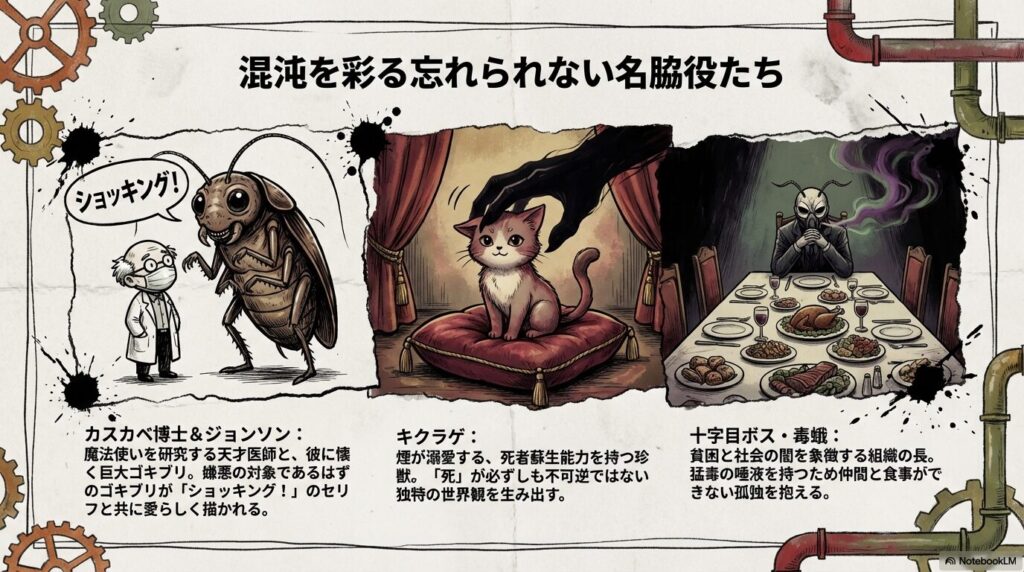 巨大ゴキブリのジョンソン、死者蘇生能力を持つキクラゲ、十字目の毒蛾など、個性豊かなサブキャラクターを紹介するスライド。