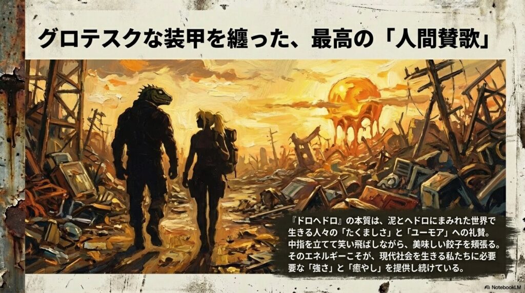 スライド7枚目。まとめとして、本作が泥にまみれた世界の「たくましさ」と「ユーモア」への礼賛であると述べている 。中指を立てて笑いながら餃子を頬張るエネルギーこそが、現代人に必要な「強さ」と「癒やし」であると結論づけている 。