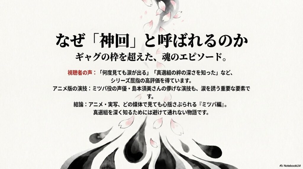 視聴者の声やアニメ版の島本須美さんの演技など、ミツバ編がなぜ魂のエピソードとして高く評価されているかをまとめたスライド