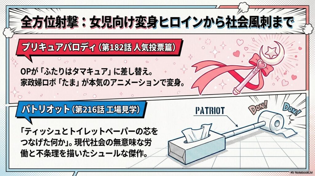 「ふたりはタマキュア」の変身シーンと、ティッシュとトイレットペーパーの芯を繋げた謎の物体「パトリオット」の図解。