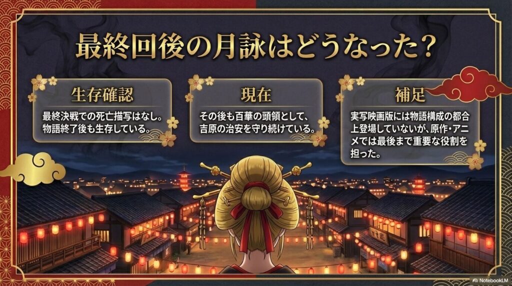 最終回後の月詠について。死亡描写はなく生存を確認。物語終了後も百華の頭領として吉原を守り続けている。実写映画版には未登場であることの補足。