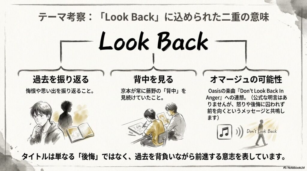 執筆する藤野の背中と、京本の部屋に飾られていた藤野のサイン入り半纏が並んだ、継承される想いを象徴するイラスト。