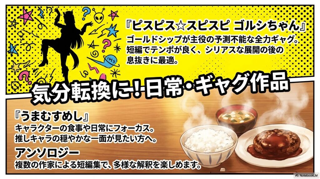 ギャグ作品『ピスピス☆スピスピ ゴルシちゃん』、食事シーンにフォーカスした『うまむすめし』、多様な解釈が楽しめる『アンソロジー』の3作品を紹介したスライド。