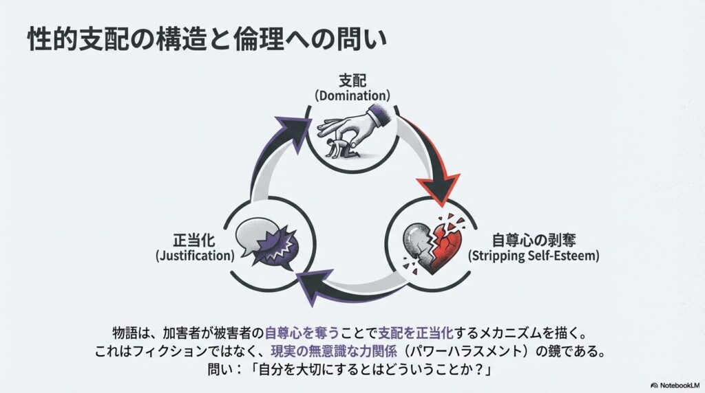 「支配（Domination）」「自尊心の剥奪（Stripping Self-Esteem）」「正当化（Justification）」が循環する図。加害者が被害者を支配する構造を、現実のパワーハラスメントの鏡として提示するスライド 。