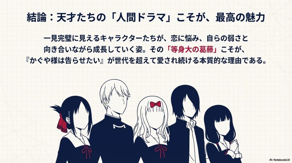 完璧に見える天才たちが、弱さと向き合い成長する「等身大の葛藤」こそが作品の本質的な魅力であるとまとめたスライド。