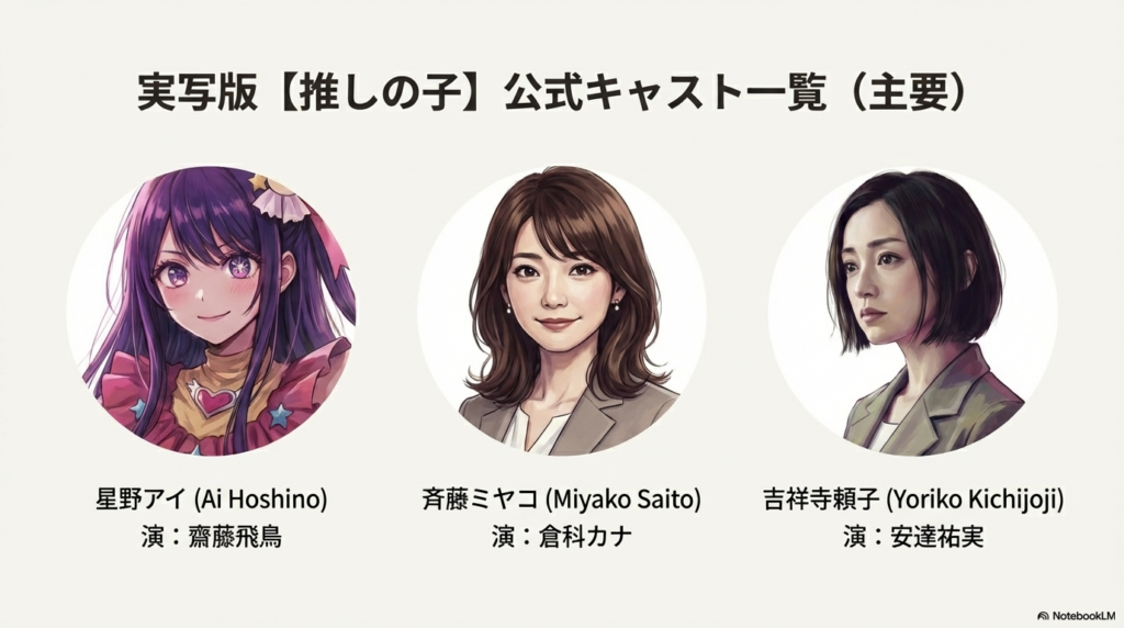 星野アイ（齋藤飛鳥）、斉藤ミヤコ（倉科カナ）、吉祥寺頼子（安達祐実）の3名の配役をまとめた比較スライド。