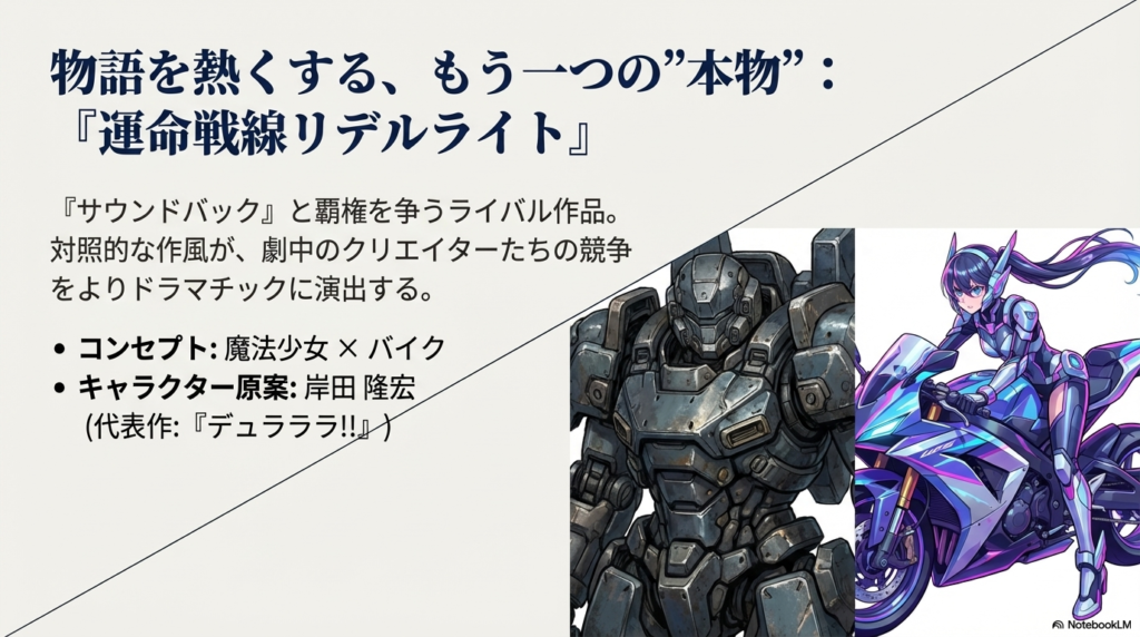 「魔法少女×バイク」というコンセプトや、キャラクター原案・岸田隆宏など、対照的なライバル作品『運命戦線リデルライト』の詳細を説明するスライド。