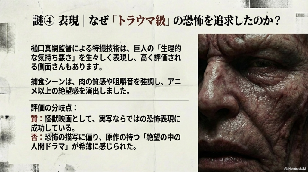 樋口真嗣監督による特撮が、巨人の気持ち悪さや捕食シーンの絶望感を演出したことを説明するスライド。