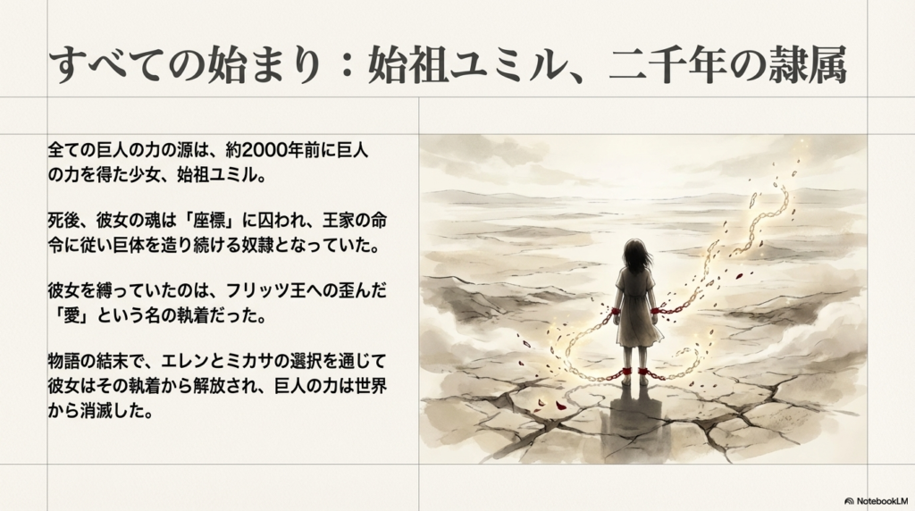 始祖ユミルが2000年の隷属から解き放たれ、巨人の力が世界から消えていく過程を解説したスライド。
