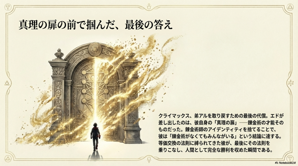 錬金術の才能(真理の扉)を代償に、弟を取り戻す決断をしたエドワードの成長