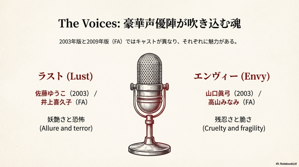 ラスト（佐藤ゆうこ/井上喜久子）とエンヴィー（山口眞弓/高山みなみ）のキャスト比較。それぞれの声が持つ「妖艶さ」や「残忍さ」の魅力を解説。