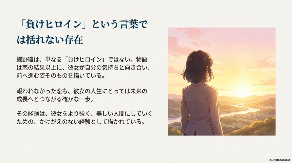 夕暮れ時の景色を眺めながら、前を向いて立つ蝶野雛の後ろ姿