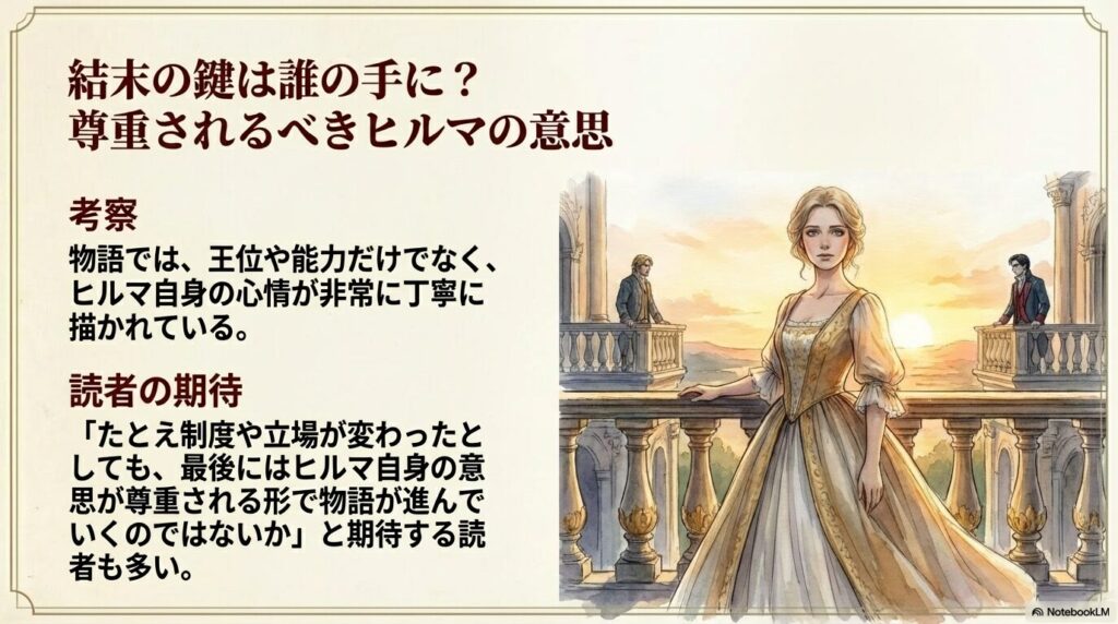 夕暮れのテラスに立つ豪華なドレス姿のヒルマ。左右の離れた位置に王子たちが立っている。テキストには「尊重されるべきヒルマの意思」と、読者の期待に関する考察。