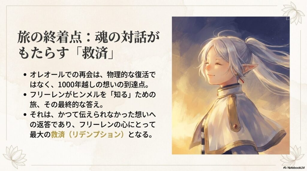 オレオールでの再会が、フリーレンの1000年越しの想いへの返答であり、心への救済（リデンプション）になることを示すスライド