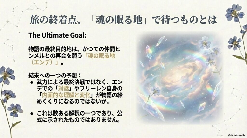 「魂の眠る地（エンデ）」で待つもの。武力決戦ではなく対話や内面的な変化が結末になるのではないかという予想。