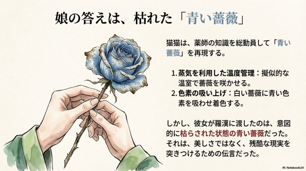 猫猫の手元にある、縁が枯れかけた青い薔薇。鳳仙が今も生きているという残酷な事実の伝言。