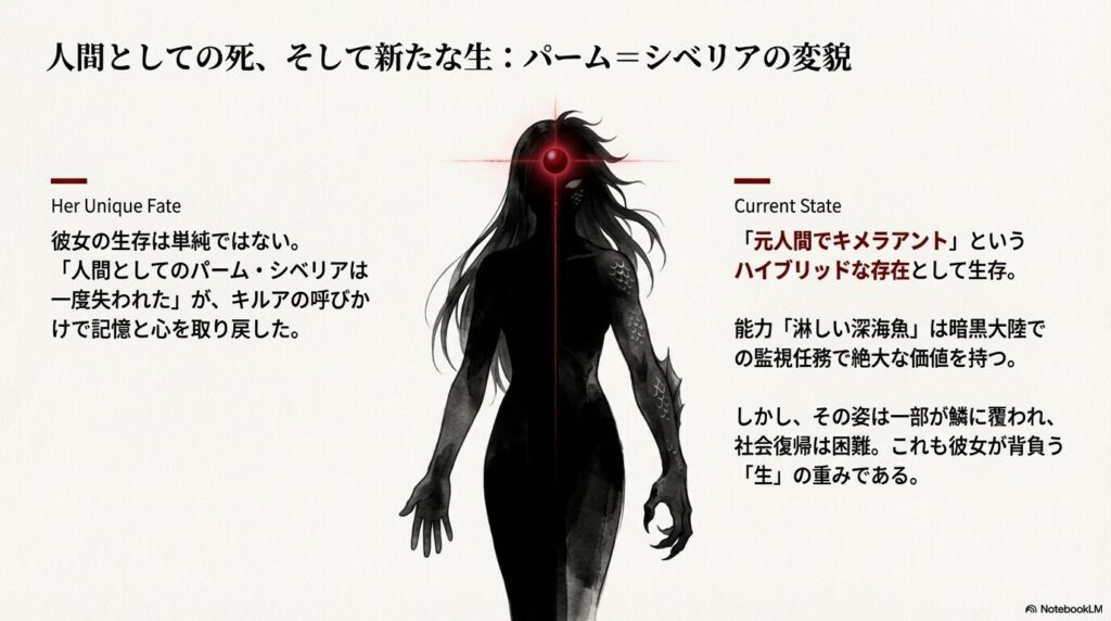 改造を経て「元人間でキメラアント」として生存するパーム。監視能力「淋しい深海魚（ウィンクブルー）」の価値と、鱗に覆われたその異形の姿についての解説スライド 。