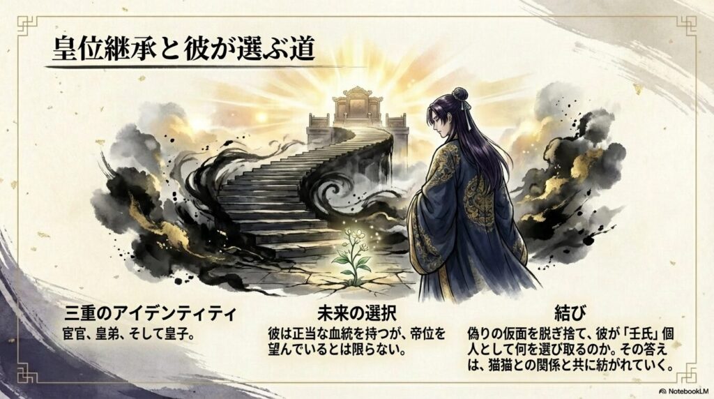 宦官・皇弟・皇子の三重のアイデンティティをまとめたスライド。正当な血統を持ちながらも、偽りの仮面を脱ぎ捨てて一人の人間として何を選び取るのか、猫猫との関係と共に紡がれる未来への期待を込めた結び。