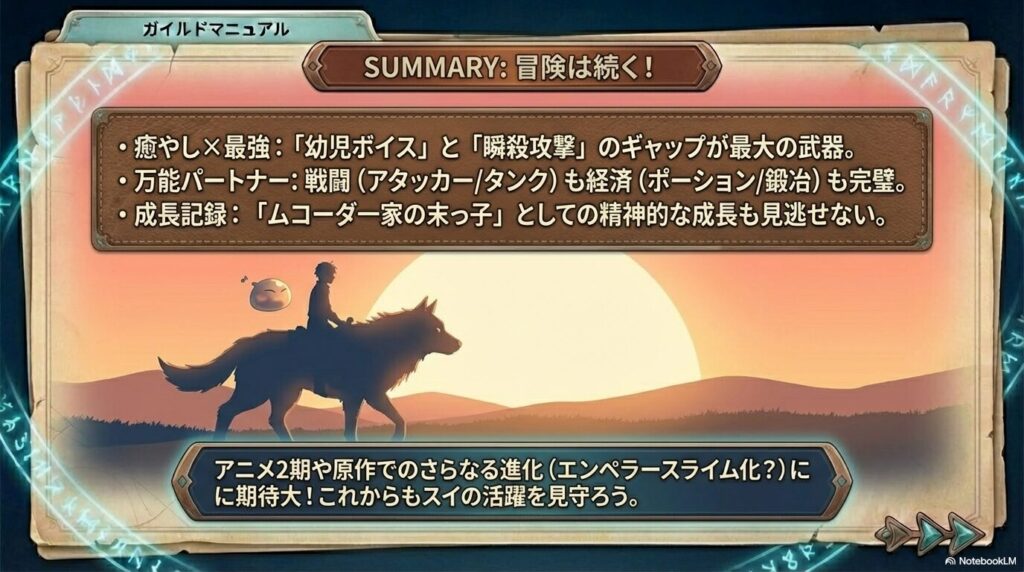 スイの「癒やし×最強」のギャップ、戦闘・経済両面での万能さ、精神的な成長、そしてアニメ2期や今後の進化への期待をまとめた最終スライド。