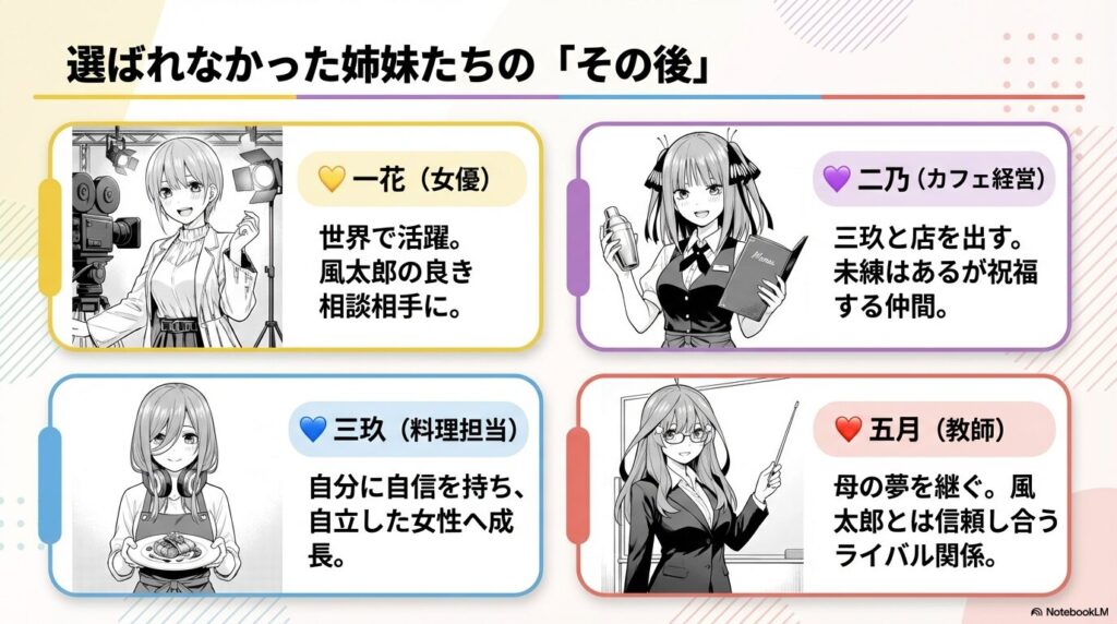 女優の一花、カフェ経営の二乃・三玖、教師の五月など、姉妹たちの卒業後の姿を紹介したスライド。