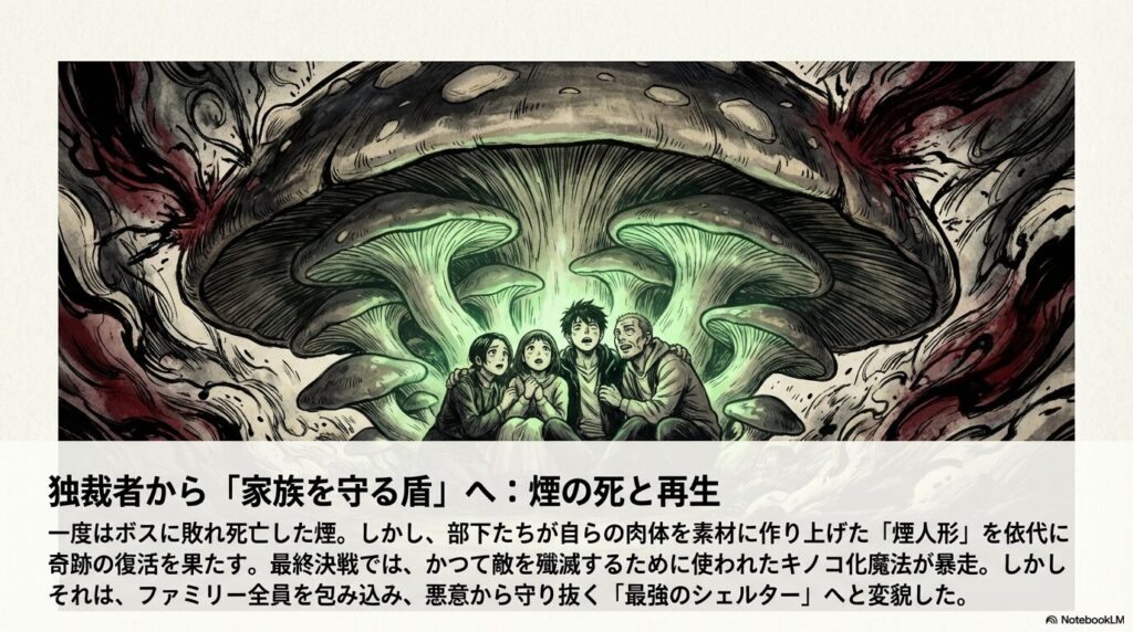 巨大なキノコの下で、煙に守られるように身を寄せ合うファミリーのメンバーと、それらを包み込むキノコの傘。