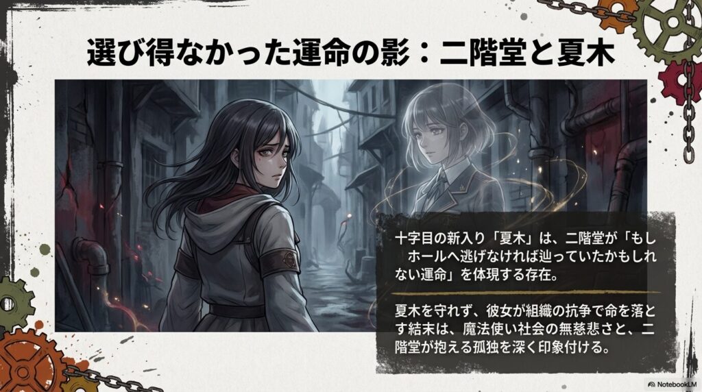 十字目の新入り「夏木」が、二階堂の「もしもの運命」を体現していることを解説した考察スライド。