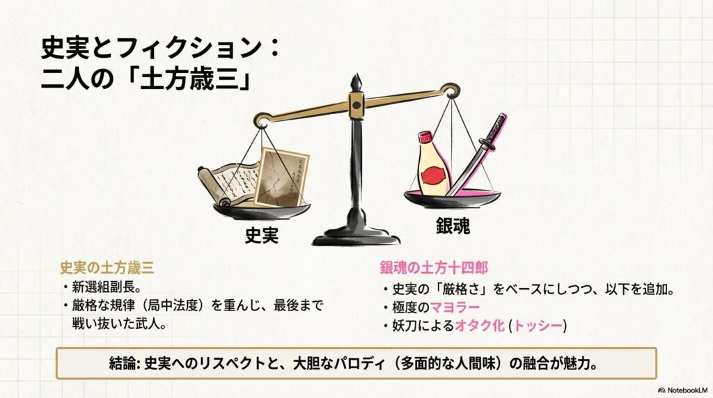 新選組副長・土方歳三の武人としての面と、マヨラーやトッシーといった銀魂独自のパロディ要素の融合を比較した表