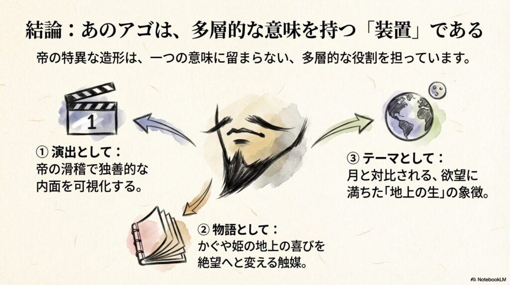 演出・物語・テーマの3つの観点から、帝の造形が持つ役割をまとめた結論スライド。