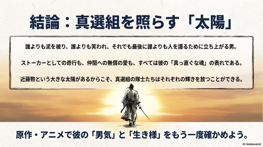 刀を手に夕陽に向かって歩く侍の背中。誰よりも泥を被り、人を護るために立ち上がる近藤勲の真っ直ぐな魂を表現している。